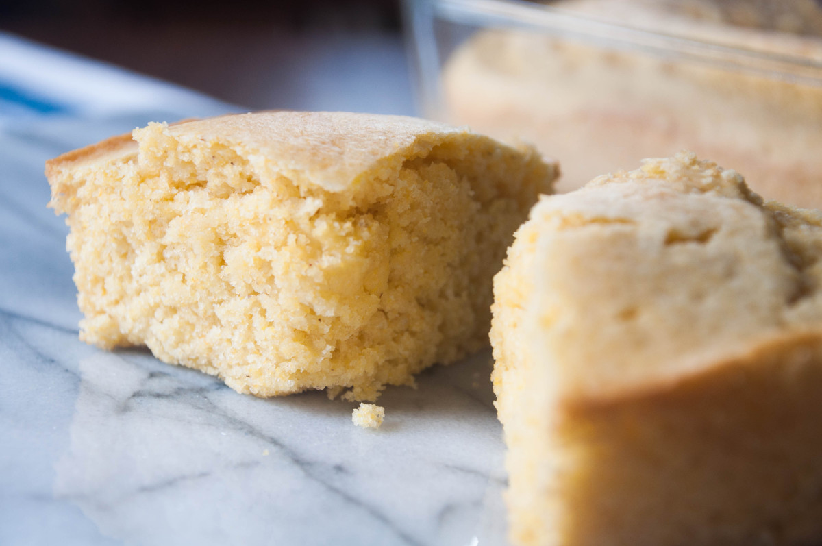 Close-up of two pieces of vegan cornbread