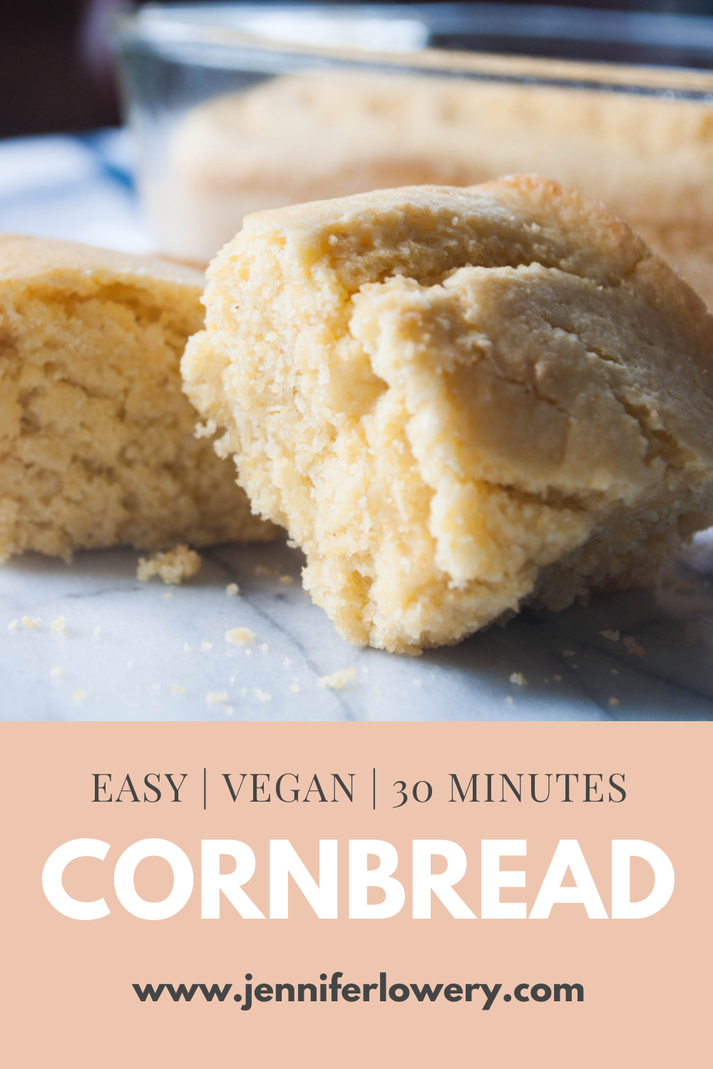 Pinterest Pin of two pieces of easy, vegan, 30-minute cornbread