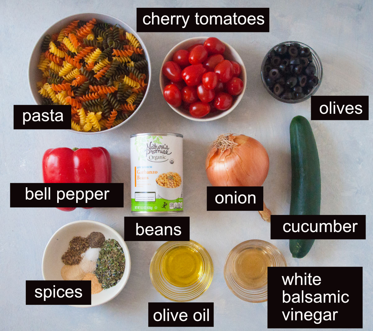 Mediterranean Pasta Salad ingredients with text labels