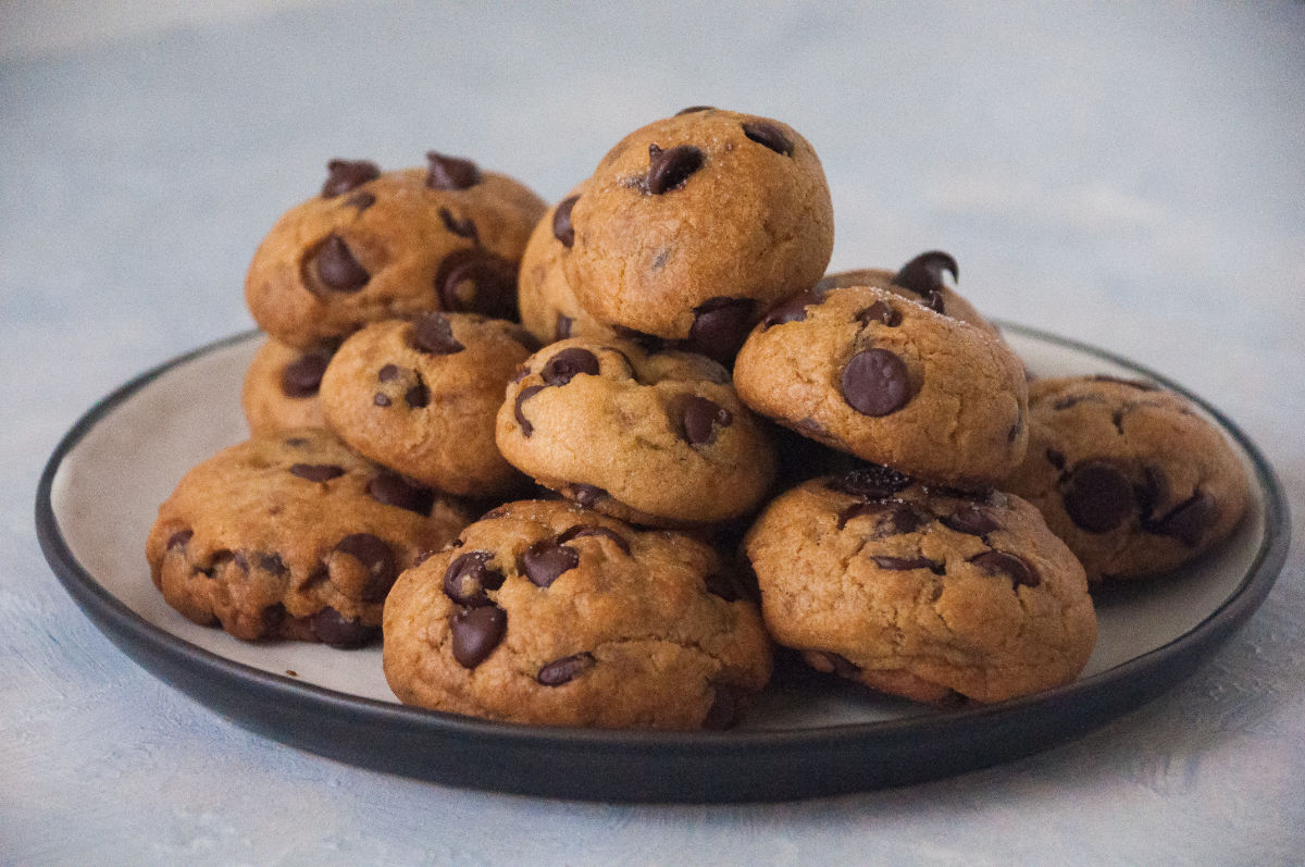 Baked chocolate chip cookies on a plate