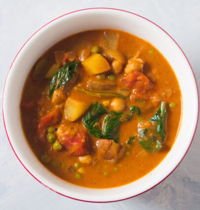 Garam Masala Vegetable Curry on a grey counter top