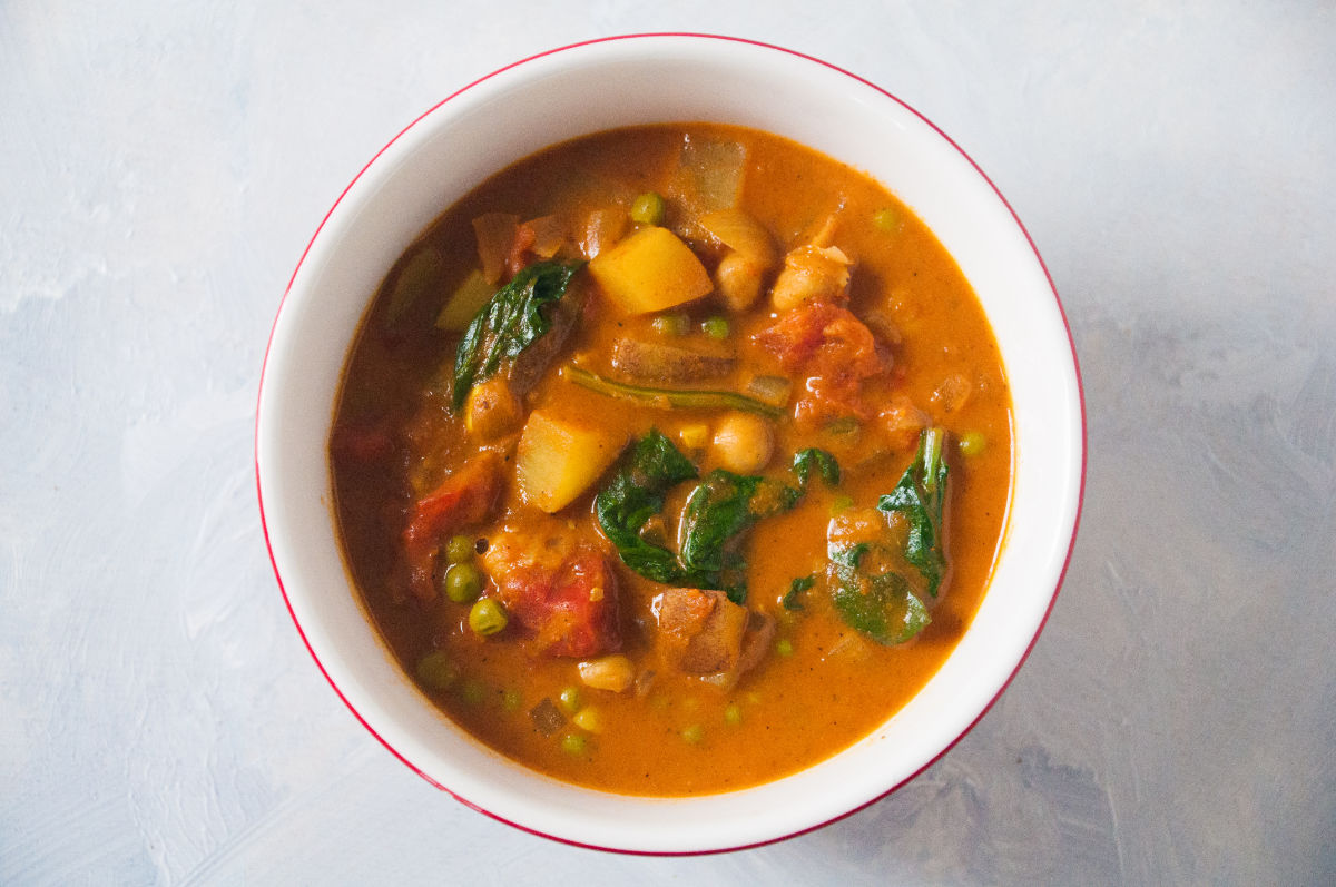 Garam Masala Vegetable Curry on a grey counter top.