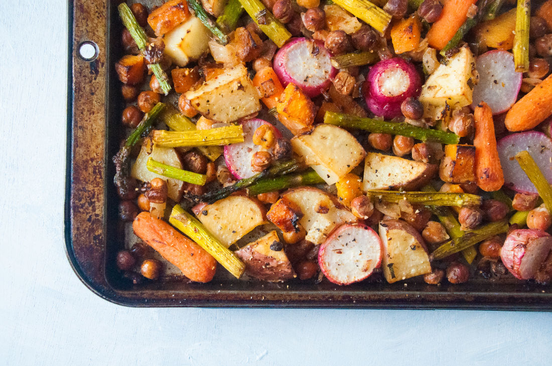 Spring vegetables on a sheet pan after roasting