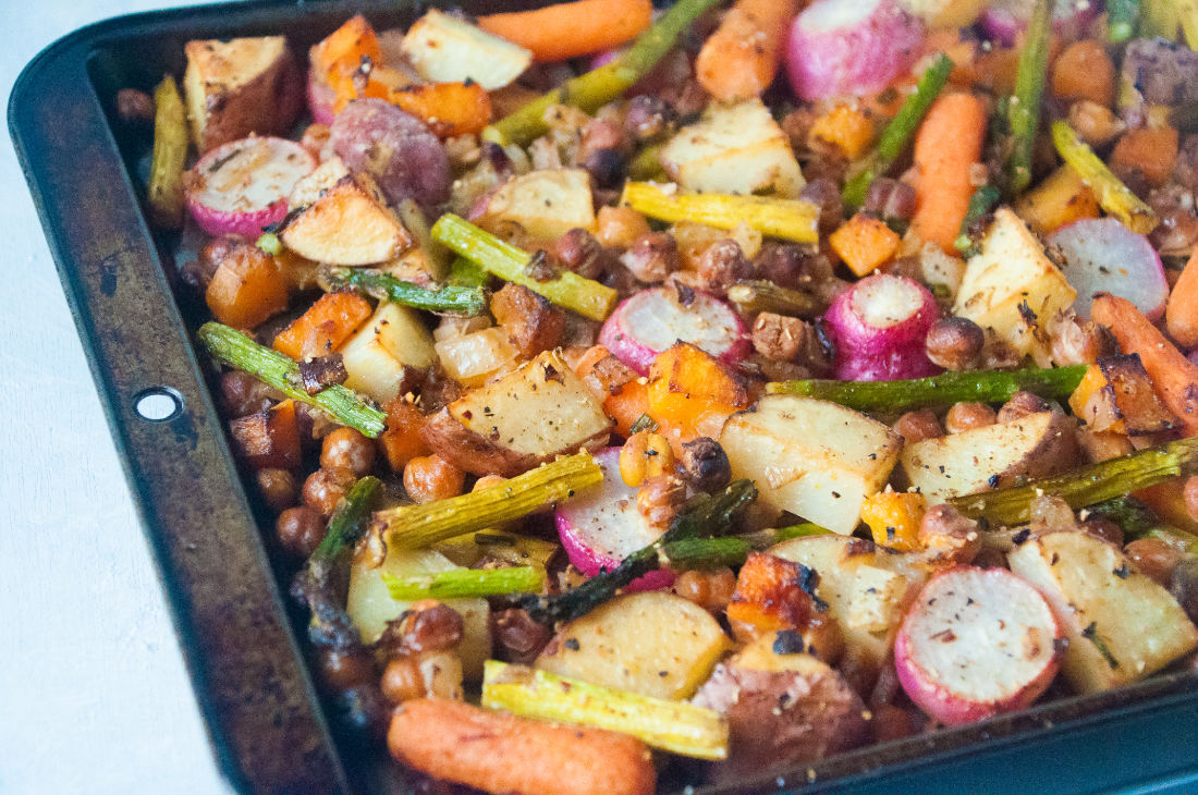 Spring vegetables on a sheet pan after roasting