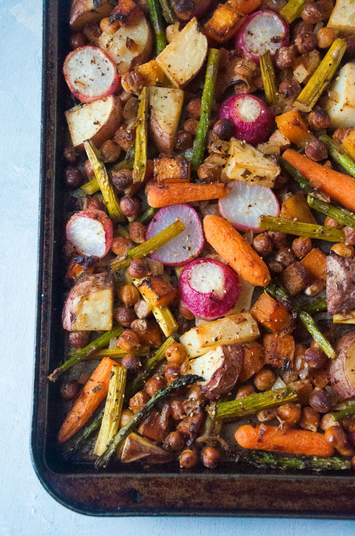 Spring vegetables on a sheet pan after roasting