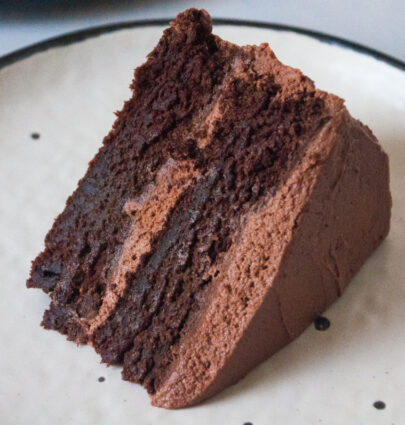 Close up shot of chocolate cake slice on a plate