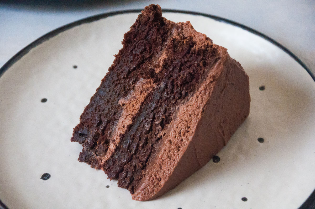 Close up shot of chocolate cake slice on a plate