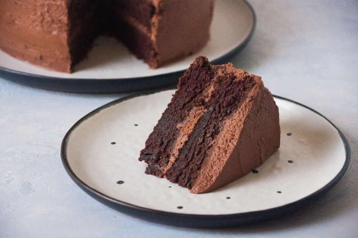 Close up shot of chocolate cake slice on a plate 2