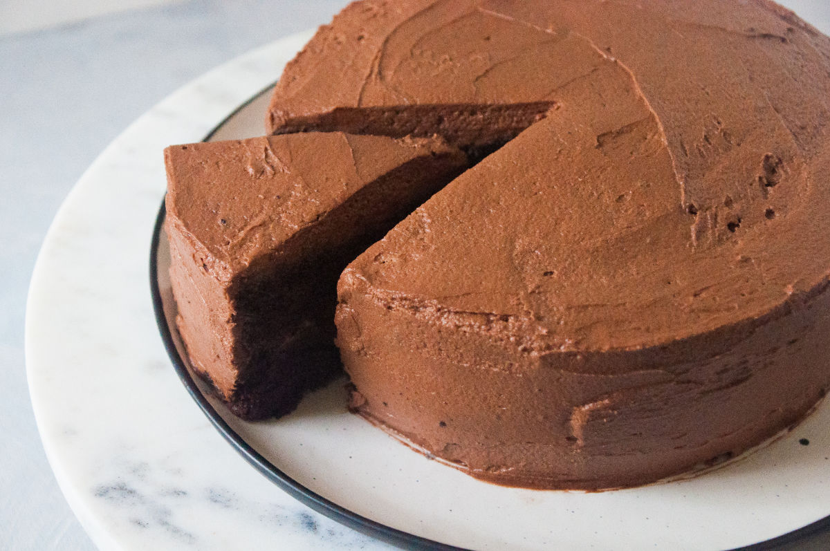 Vegan Chocolate Espresso Cake on a plate with a slice cut out