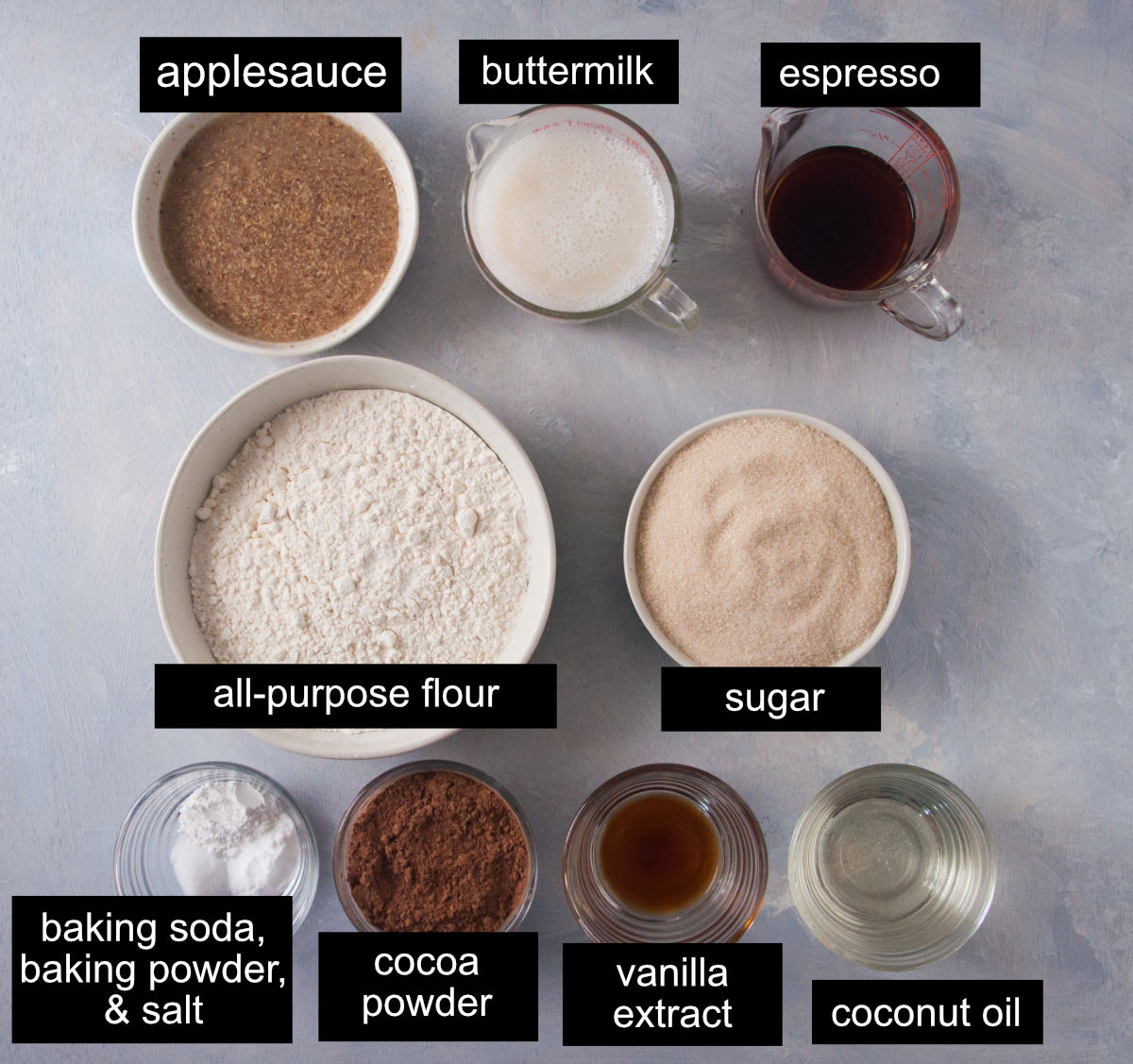 Vegan Chocolate Espresso Cake - Cake Ingredients with labels